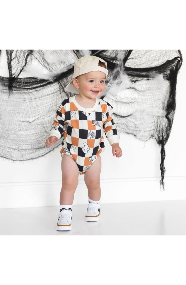 Sweet Wink Boo Checkered Halloween Long Sleeve Romper, Alternate, color, 