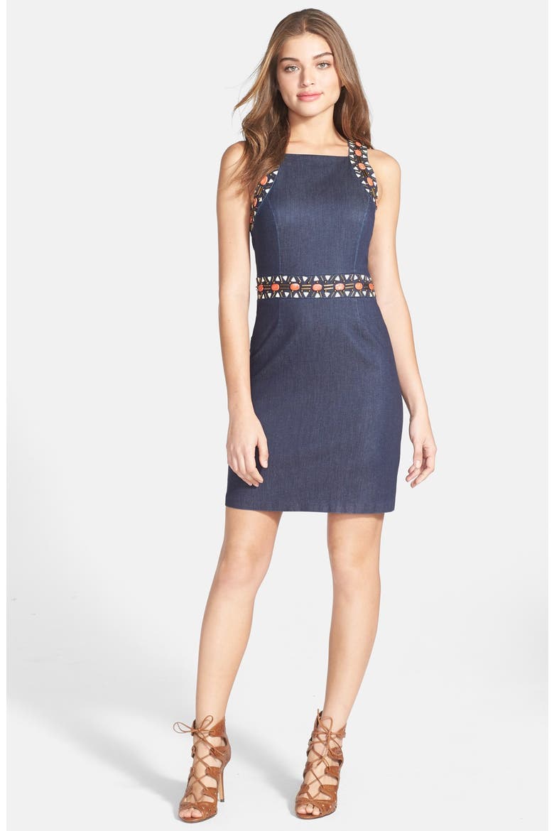 Beaded Trim Denim Dress, Main, color, BLUE DENIM