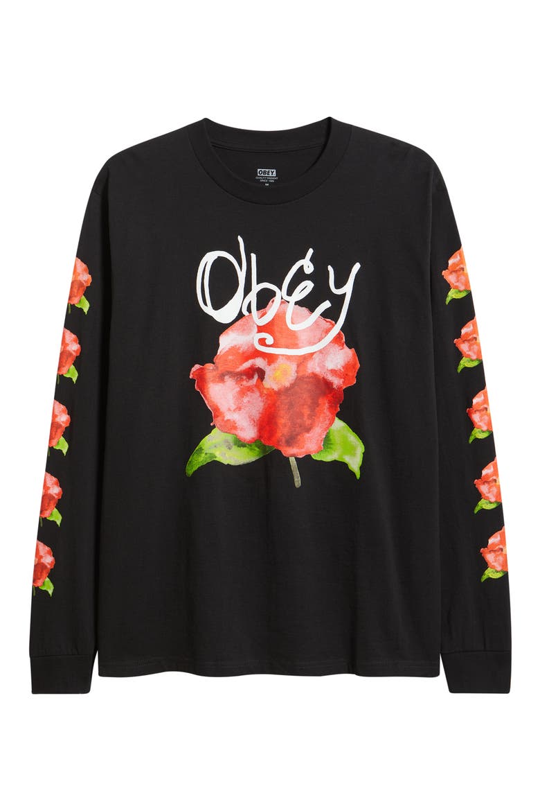 Watercolor Poppy Long Sleeve Cotton Graphic T-Shirt, Alternate, color, BLACK