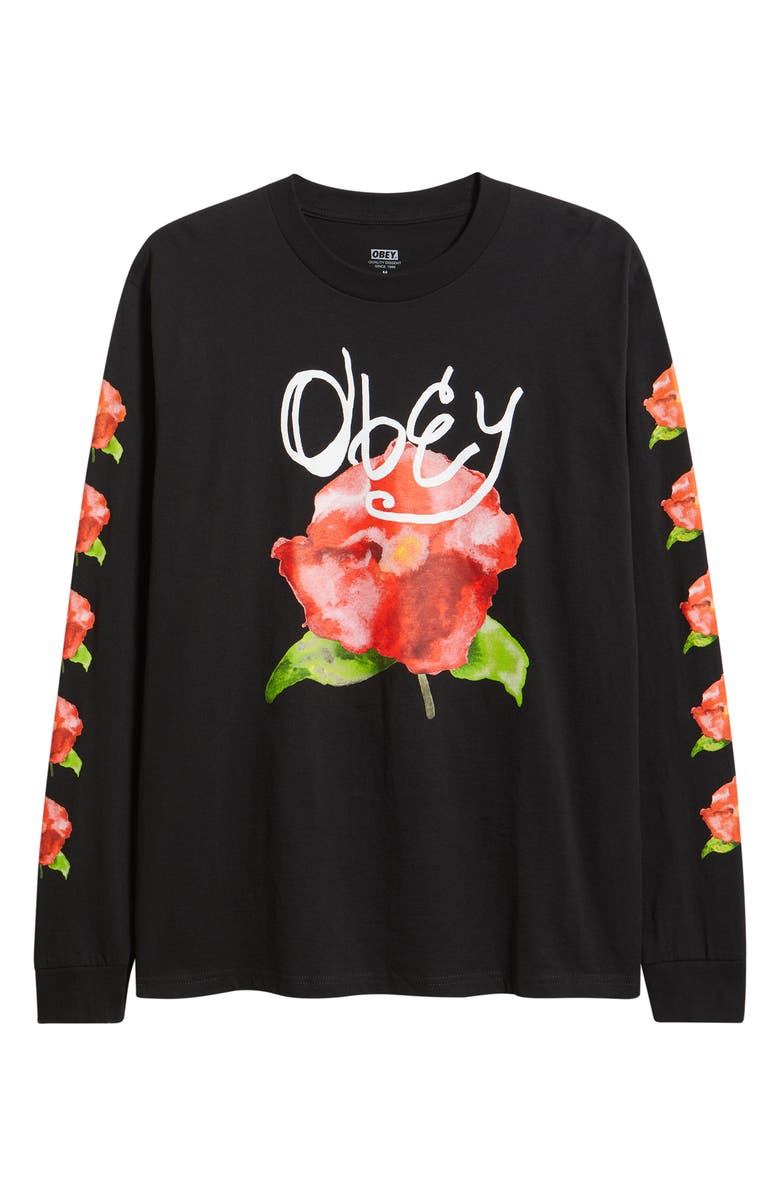 Obey Watercolor Poppy Long Sleeve Cotton Graphic T-Shirt, Main, color, Black