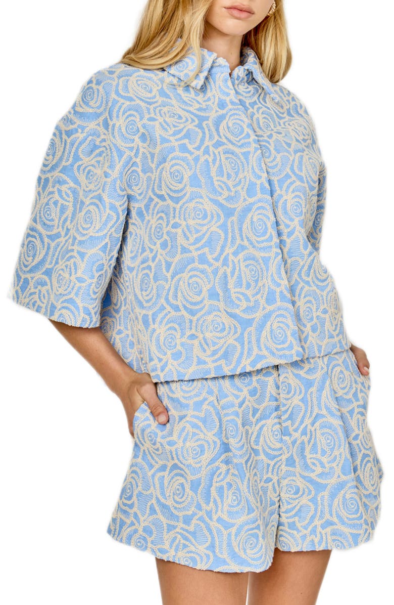 Endless Rose Embroidered Crop Cotton Blend Button-Up Shirt, Alternate, color, Blue