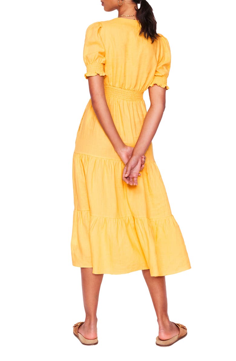 Boden Anna Puff Sleeve Tiered Linen Midi Dress, Alternate, color, Buttermilk Yellow