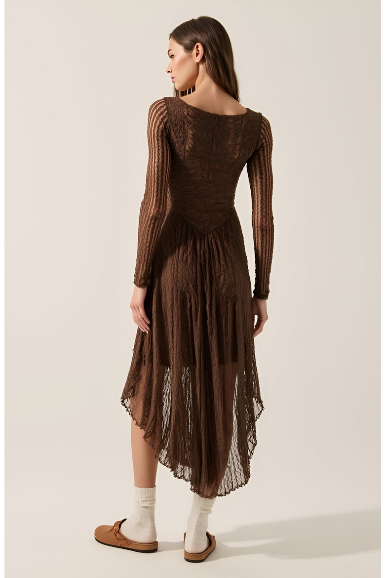 Mixed-Lace Paneled Boat-Neck Drop-Waist Midi Dress, Alternate, color, Brown