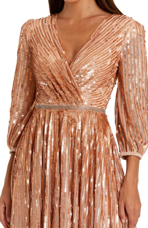 Mac Duggal Sequined Wrap Over 3/4 Sleeve Gown In Apricot