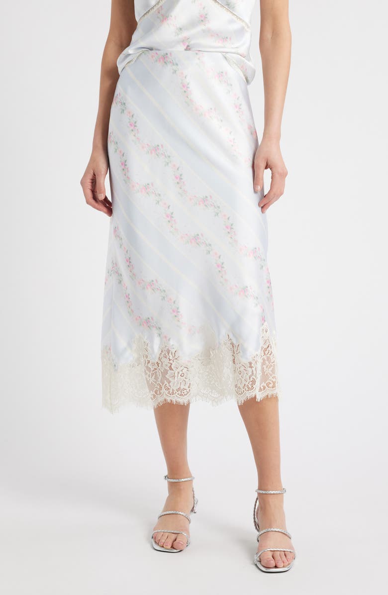 LoveShackFancy Malina Floral Lace Trim Satin Skirt, Main, color, 