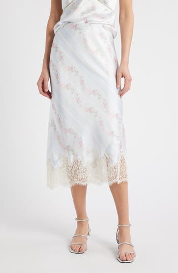 LoveShackFancy Malina Floral Lace Trim Satin Skirt | Nordstrom