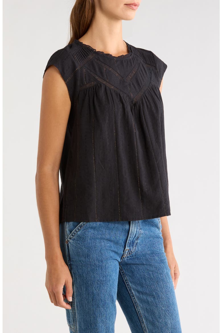Lace Inset Yoke Metallic Cotton Top, Alternate, color, CAVIAR