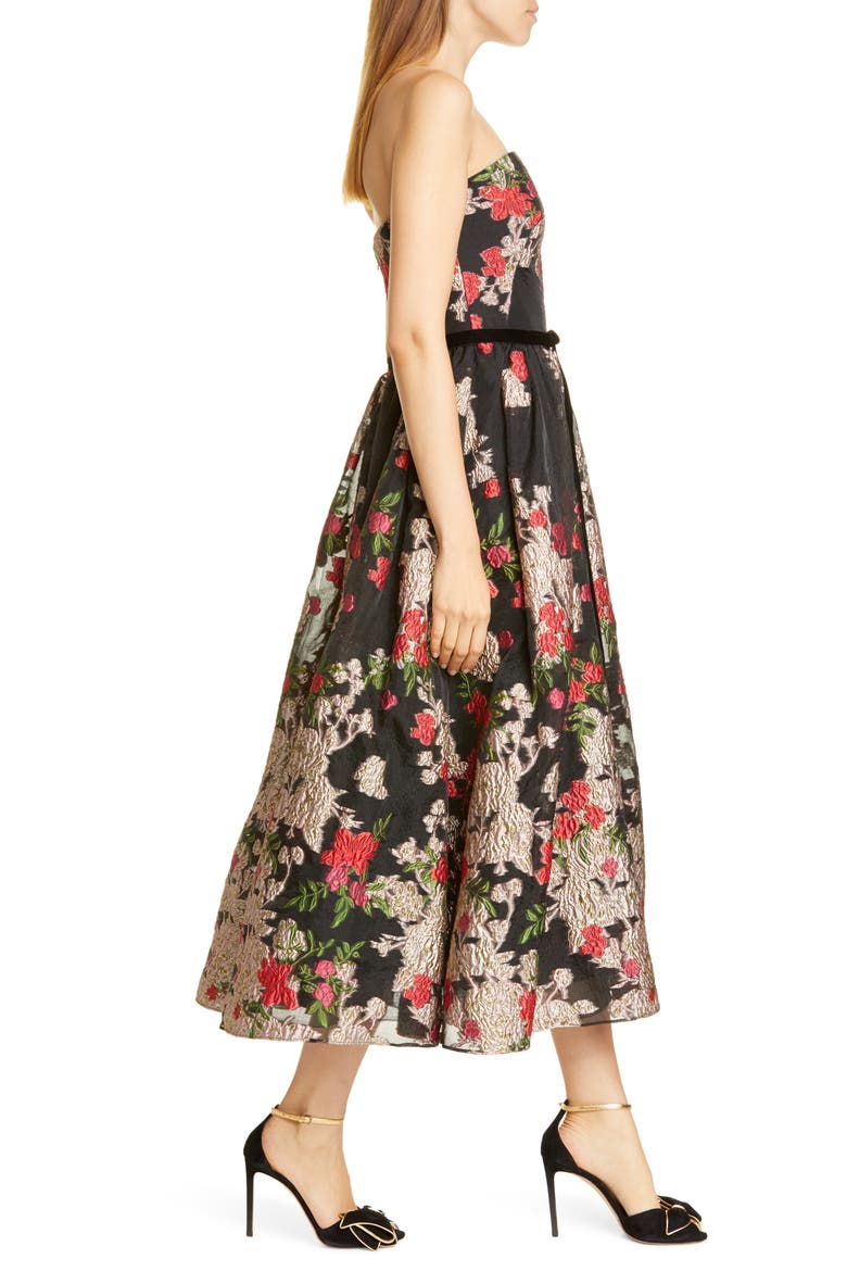 Floral Embroidered Strapless Midi Dress, Alternate, color, BLACK