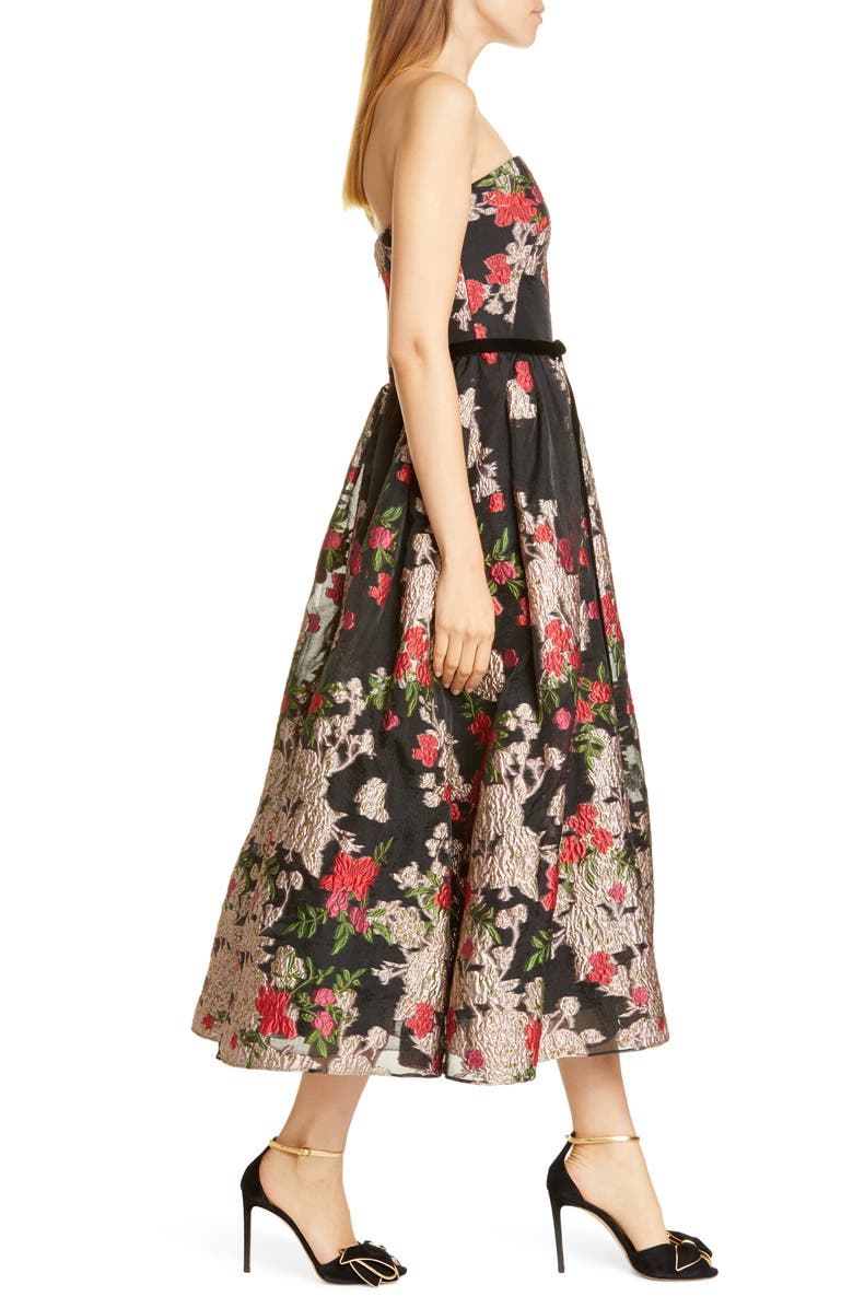 Marchesa Notte Floral Embroidered Strapless Midi Dress, Alternate, color, 