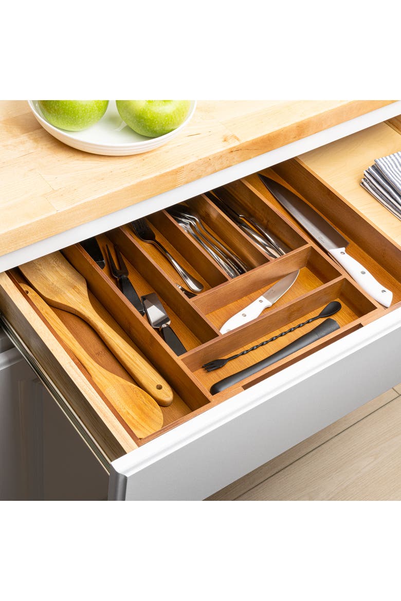Hudson Modern Farmhouse Handcrafted  Expandable 8-Slot Kitchen Drawer Organizer, Alternate, color, Brown