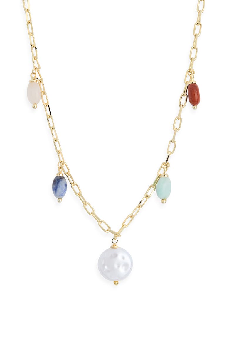 Colored Stone Faux Pearl Charm Necklace, Alternate, color, RAINBOW MULTI- GOLD