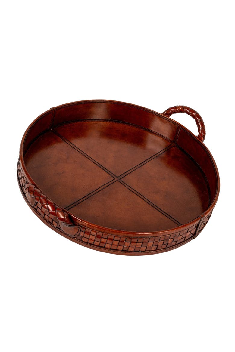 Decorative Reclaimed Wood and Woven Leather Tray with Handles, Cognac Color, Main, color, Brown