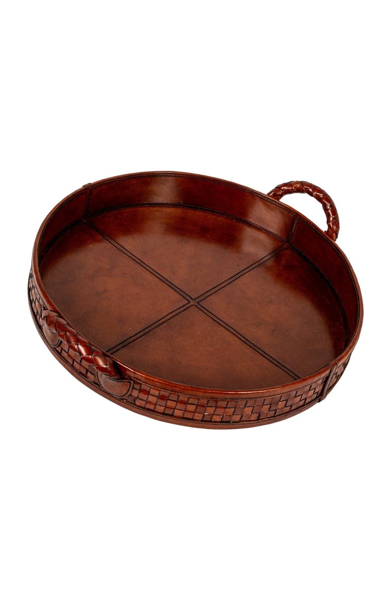 Storied Home Decorative Reclaimed Wood and Woven Leather Tray with Handles, Cognac Color, Main, color, Brown