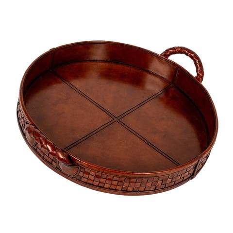 Decorative Reclaimed Wood and Woven Leather Tray with Handles, Cognac Color