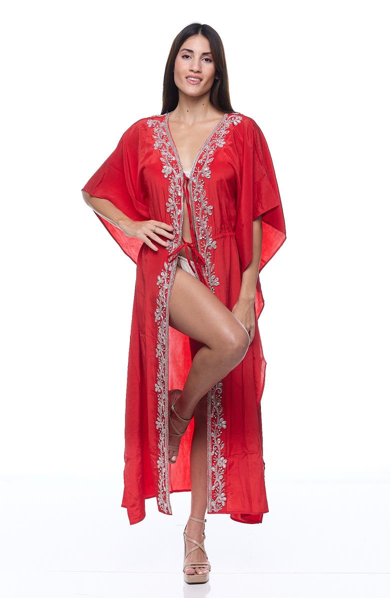 RANEES Embellished Longline Duster, Alternate, color, Red