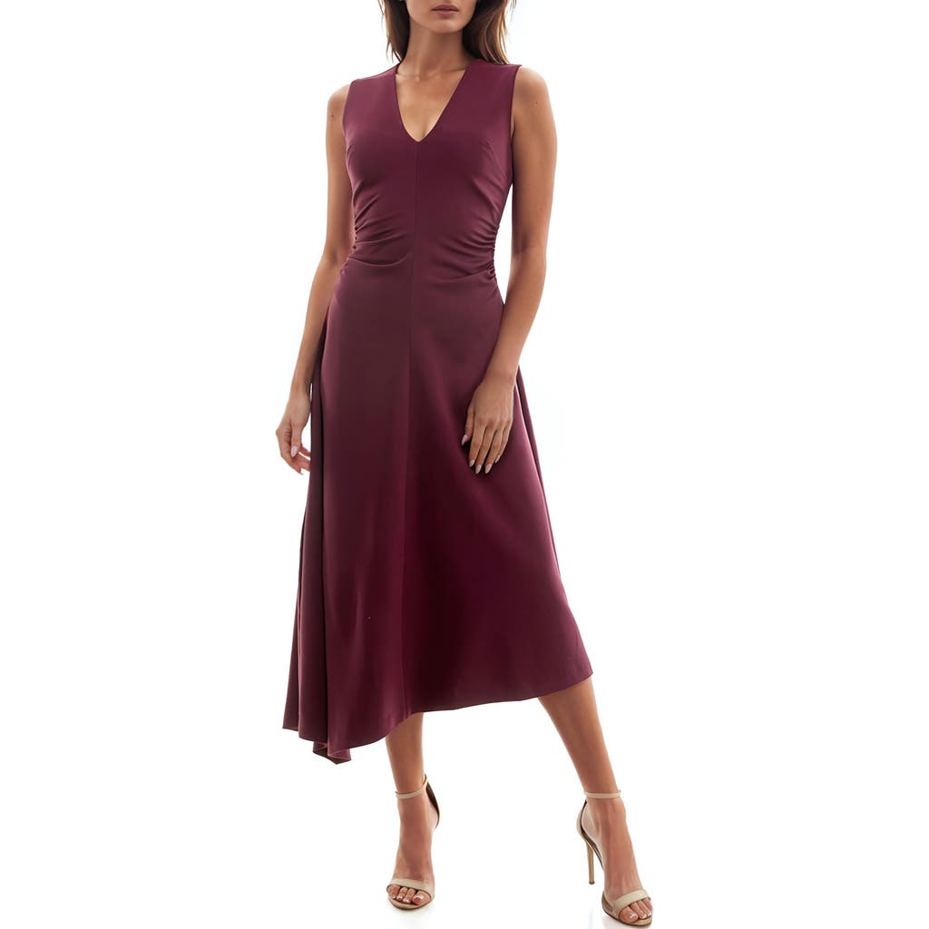 Socialite Shirred Waist Sleeveless Asymmetric Midi Dress in Fig