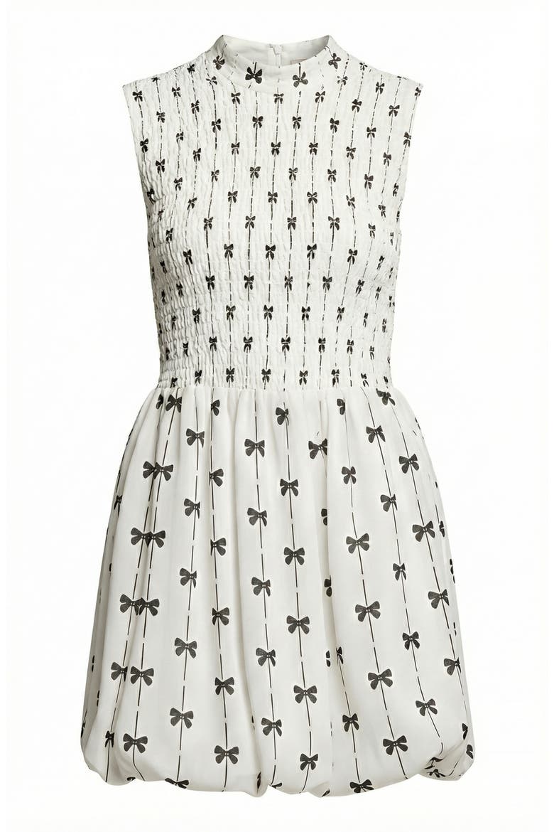 Sleeveless Smocked Mini Dress with High Neckline, Alternate, color, White / Black