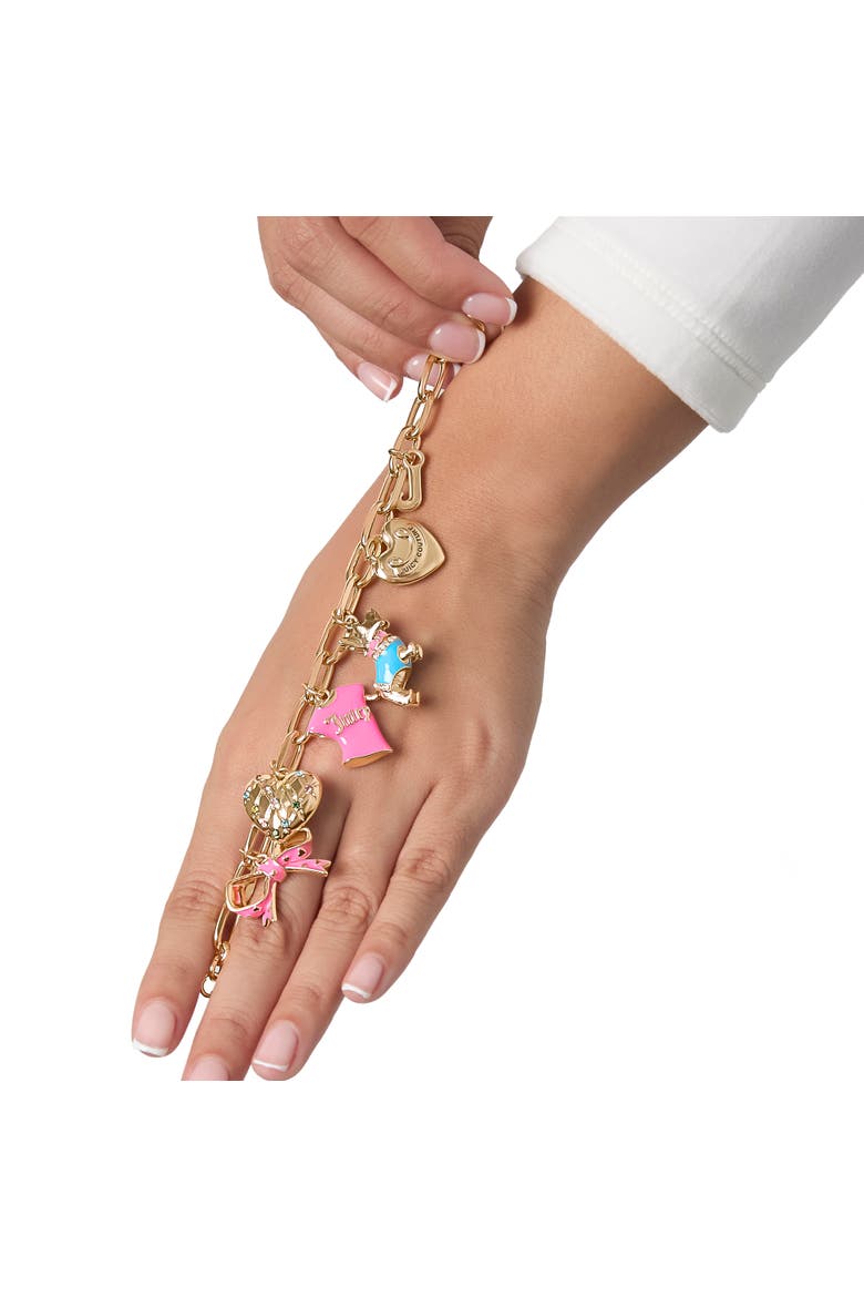 Pink and Gold Charm Bracelet with Bow, Dog, and Heart, 7.5'', Alternate, color, Gold Tone