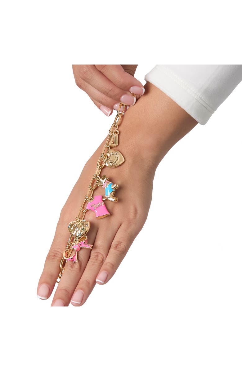 Juicy Couture Pink and Gold Charm Bracelet with Bow, Dog, and Heart, 7.5'', Alternate, color, Gold Tone