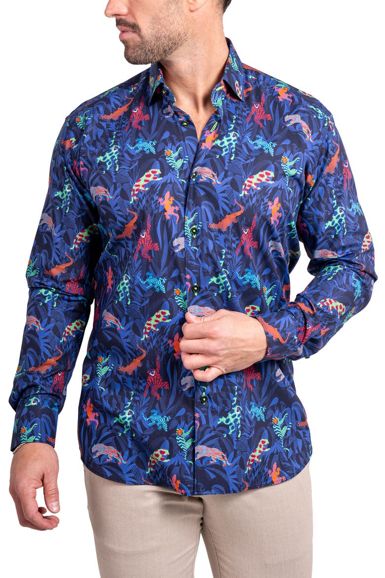 Fibonacci Ascension 0213 Jungle Print Contemporary Fit Button-Up Shirt, Alternate, color, BLUE