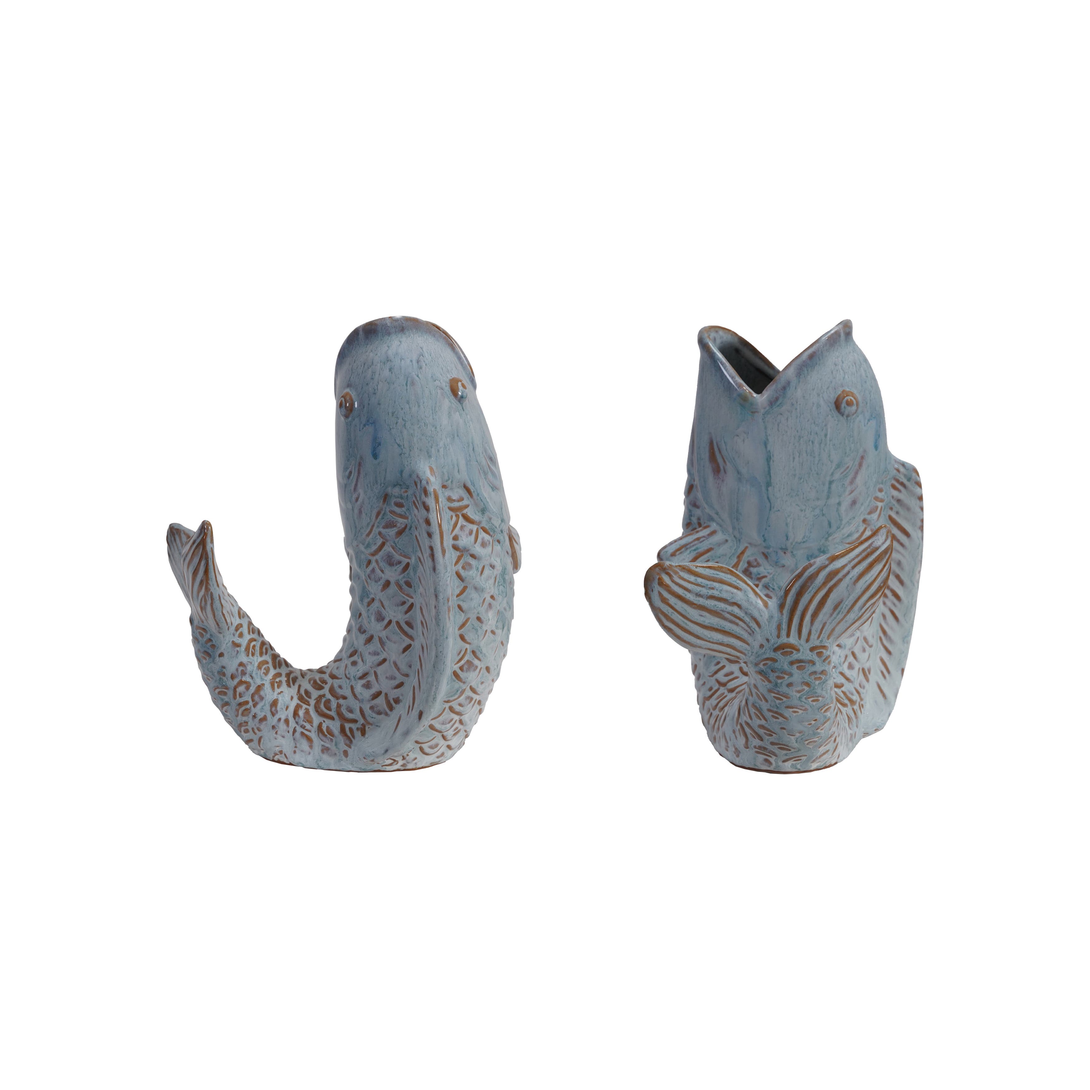 Storied Home Stoneware Fish Shaped Vase With Reactive Glaze, Blue