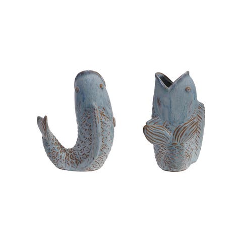 Stoneware Fish Shaped Vase with Reactive Glaze, Blue