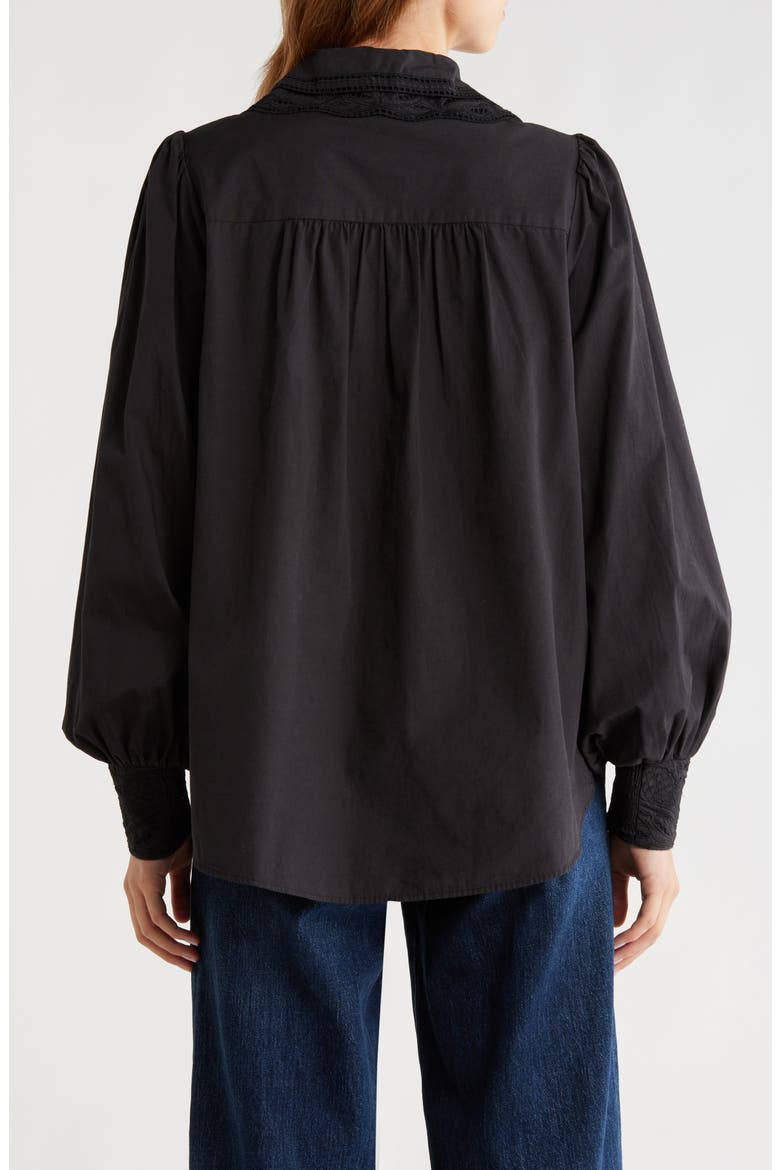 Embroidered Eyelet Puff Sleeve Button-Up Shirt, Alternate, color, BLACK