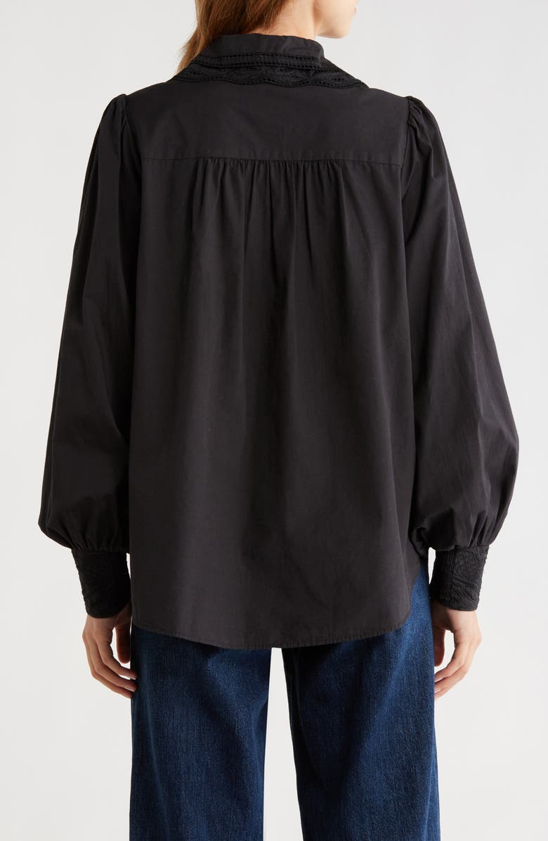 FARM Rio Embroidered Eyelet Puff Sleeve Button-Up Shirt, Alternate, color, Black