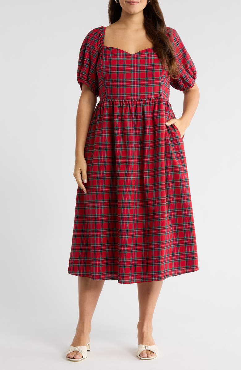 SUGARLIPS Arvada Plaid Puff Sleeve Dress, Main, color, Red-Multi