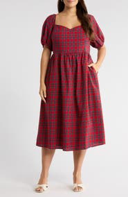 SUGARLIPS Arvada Plaid Puff Sleeve Dress