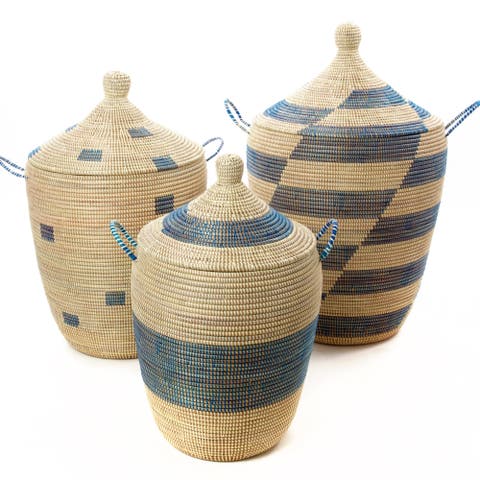 Set of Three Blue and Cream Mixed Pattern Hampers
