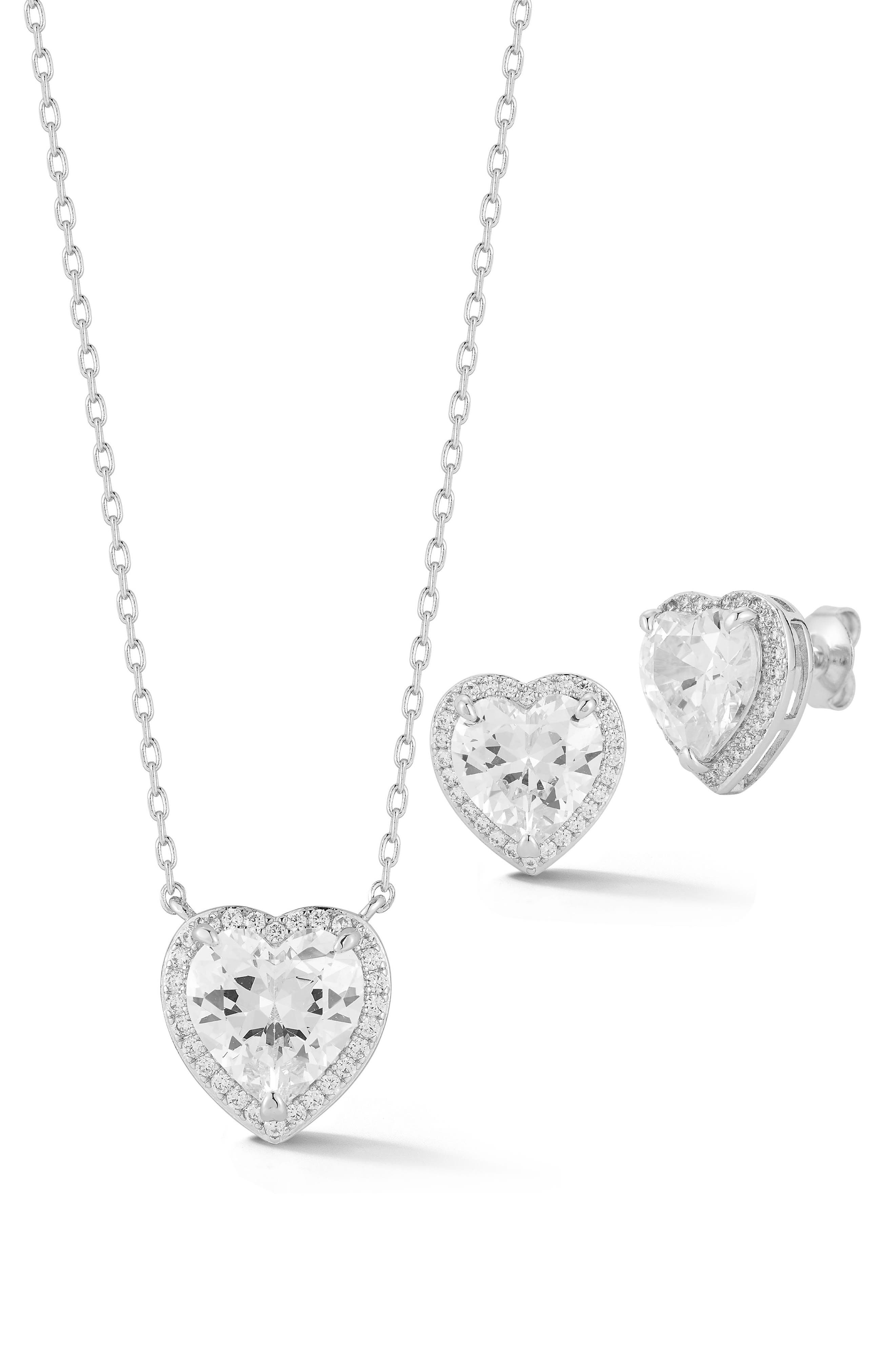 Cubic Zirconia Heart Pendant Necklace & Stud Earrings Set