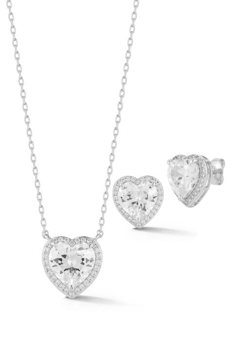 Cubic Zirconia Heart Pendant Necklace & Stud Earrings Set