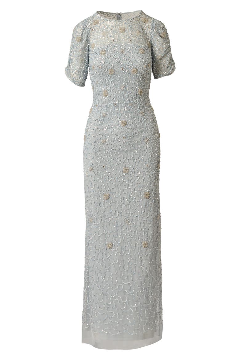 Ruched Sleeve Beaded Gown, Alternate, color, GLACIER