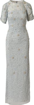 Adrianna Papell Ruched Sleeve Beaded Gown