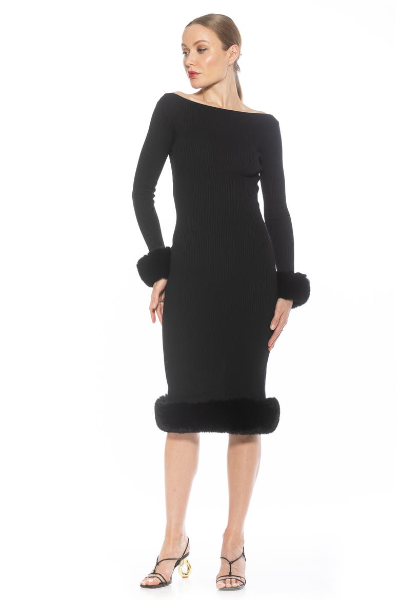 Selena Faux Fur Trim Body-Con Sweater Dress, Alternate, color, BLACK