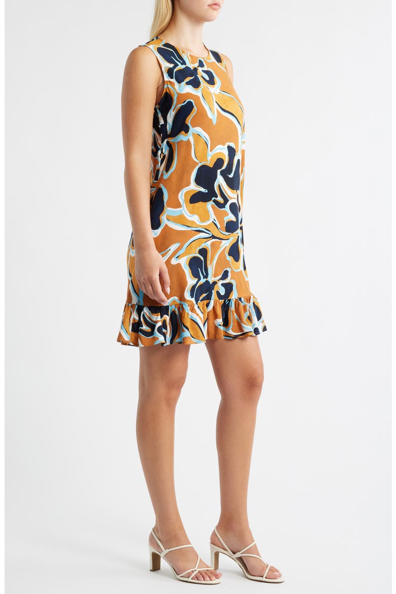 Floral Print Ruffle Hem Dress, Alternate, color, CAFE
