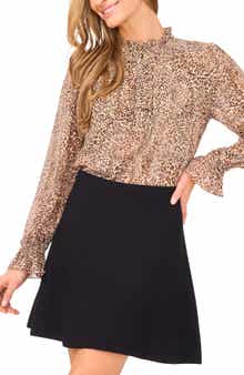 CeCe Leopard Print Ruffle Neck Shirt