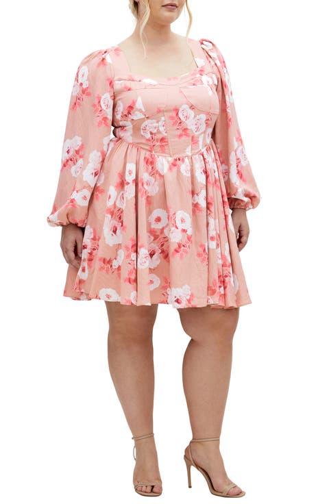 Cordelia Rose Print Long Sleeve Minidress (Plus)