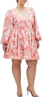 City Chic Cordelia Rose Print Long Sleeve Minidress