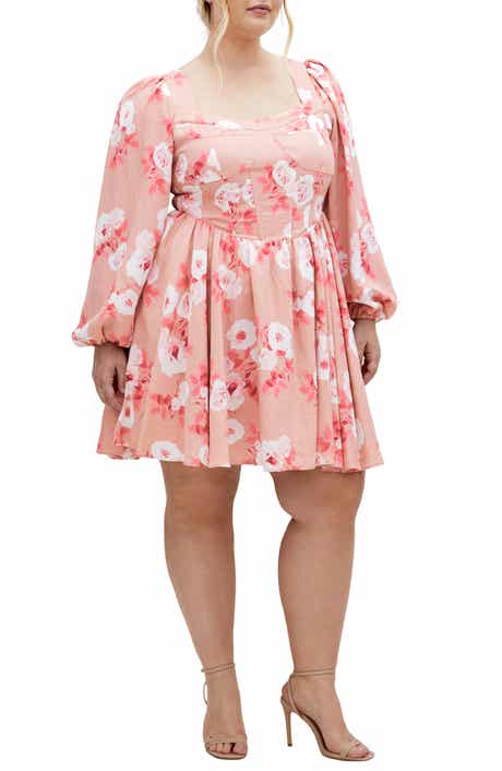 City Chic Cordelia Rose Print Long Sleeve Minidress