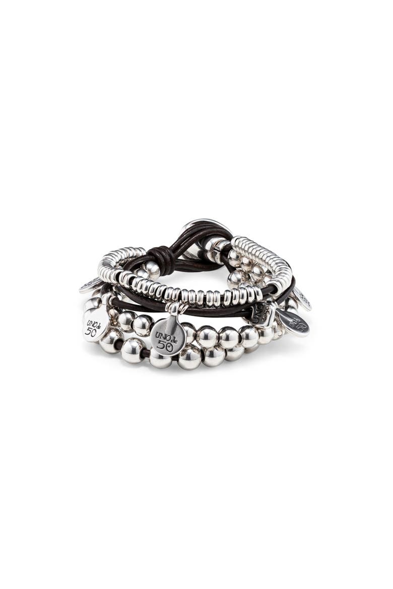 Leather and sterling silver-plated bracelet, Main, color, Silver