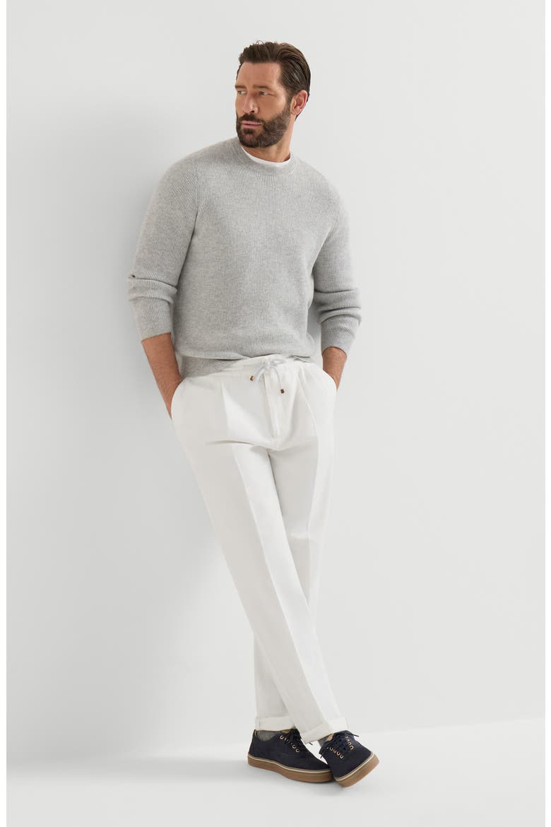Garment-dyed twisted cotton gabardine trousers with drawstring and double pleats, Alternate, color, Snow