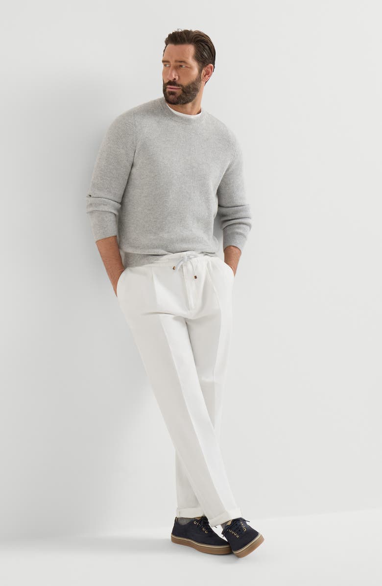 Brunello Cucinelli Garment-dyed twisted cotton gabardine trousers with drawstring and double pleats, Alternate, color, Snow