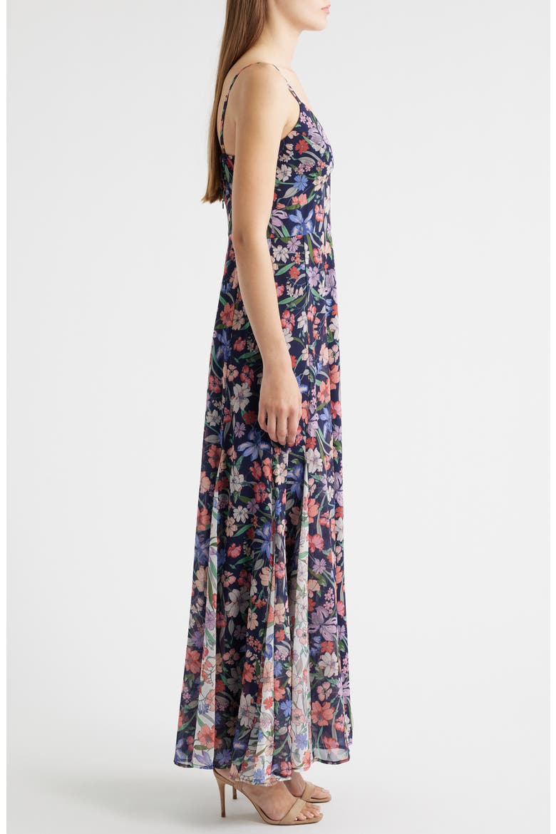 Floral Print Godet Sleeveless Gown, Alternate, color, NAVY GARDEN