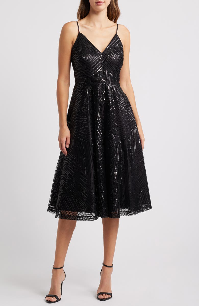 Vince Camuto Deco Sequin Cocktail Midi Dress, Main, color, Black
