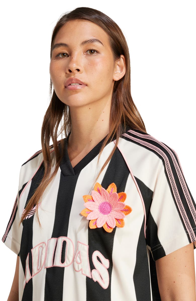 adidas Originals Floral Appliqué Stripe Mesh Soccer Jersey, Alternate, color, Wonder White/ Black