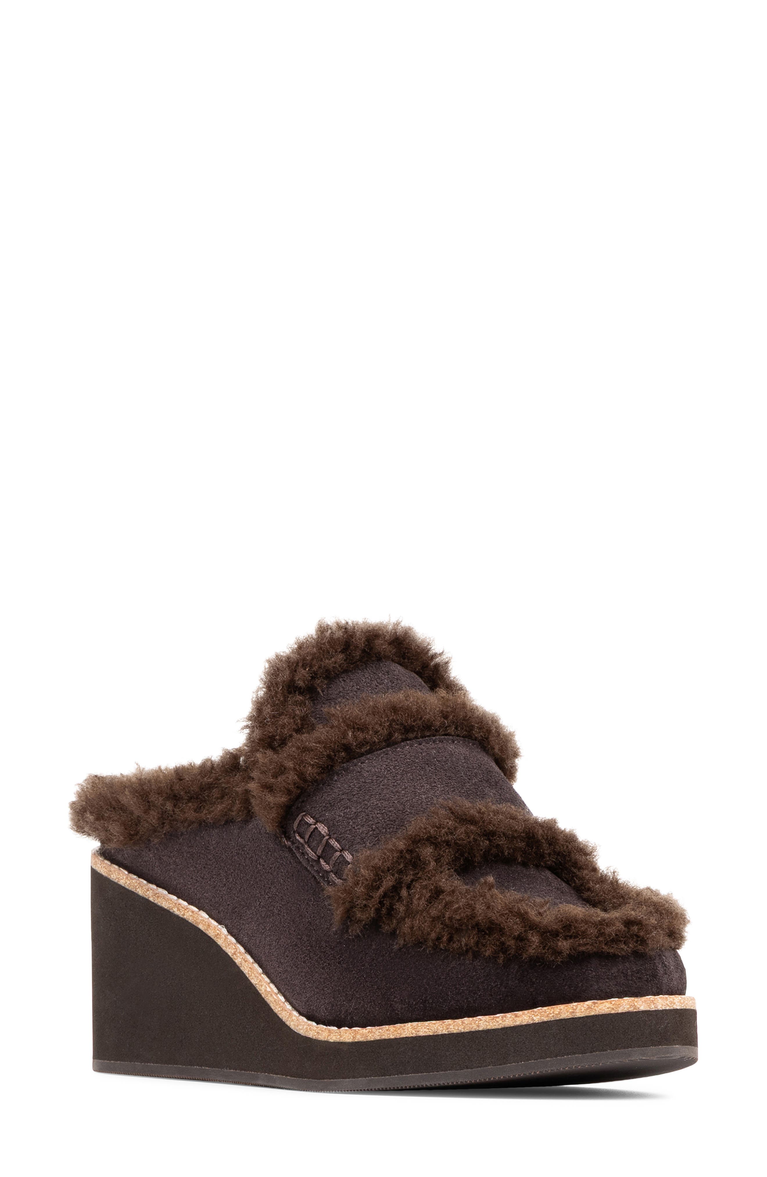 Donald Pliner Faux Shearling Lined Wedge Clog In Chocolate Brown