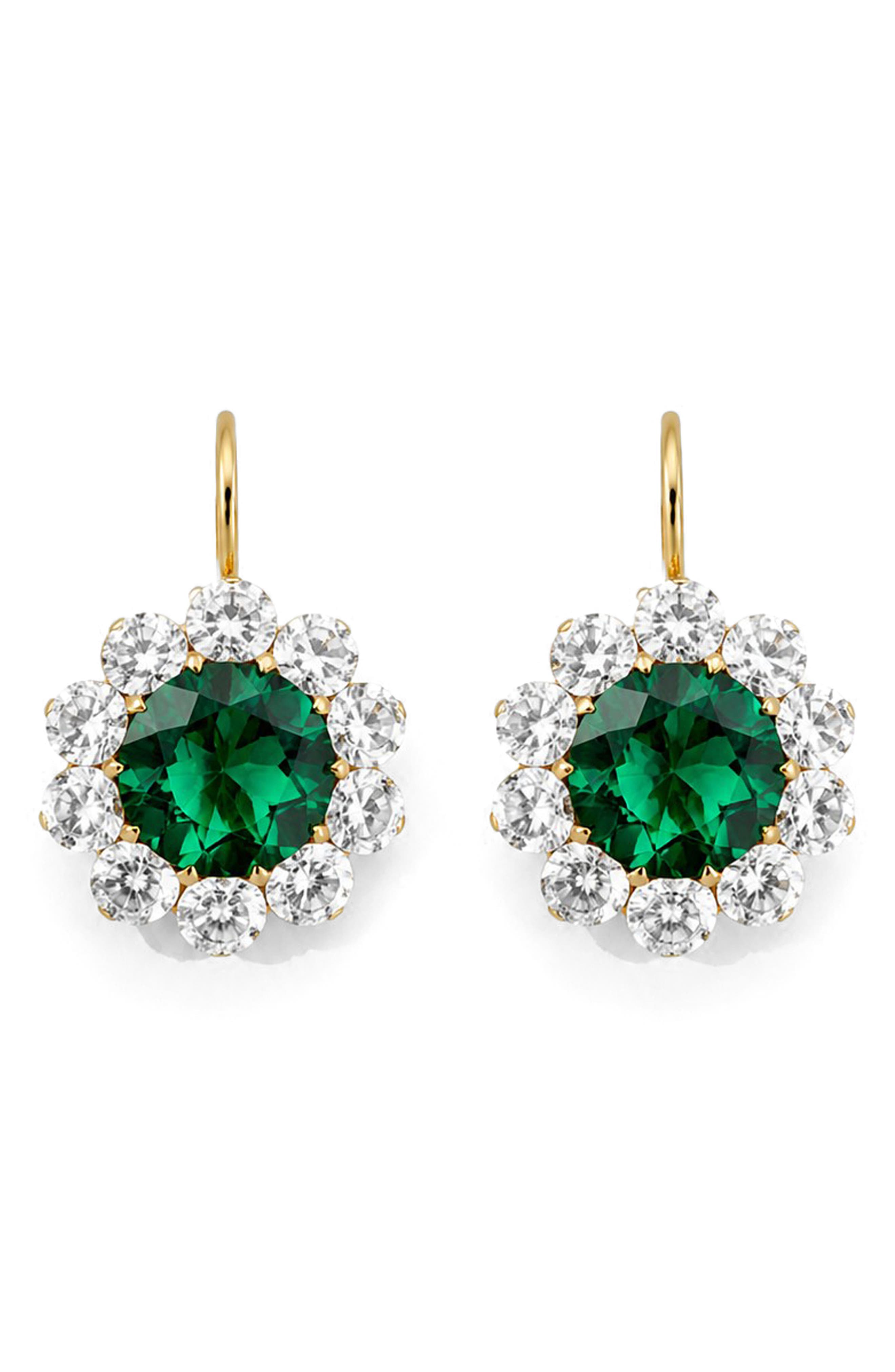 14k Gold Vermeil Emerald and Cubic Zirconia Flower Drop Earrings