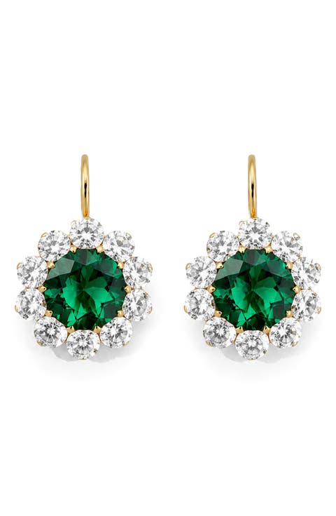 14k Gold Vermeil Emerald and Cubic Zirconia Flower Drop Earrings